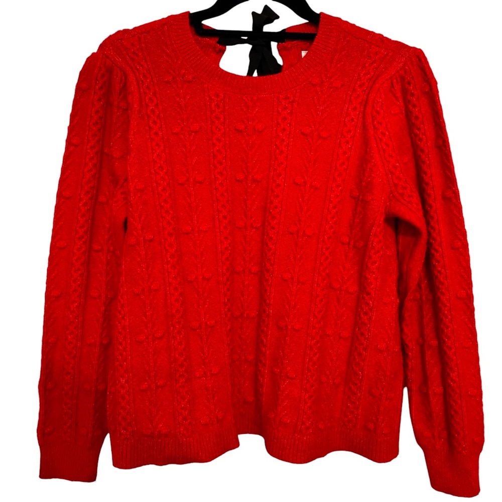 Loft Red Bobble Cable Knit Tie Back Sweater Size Medium